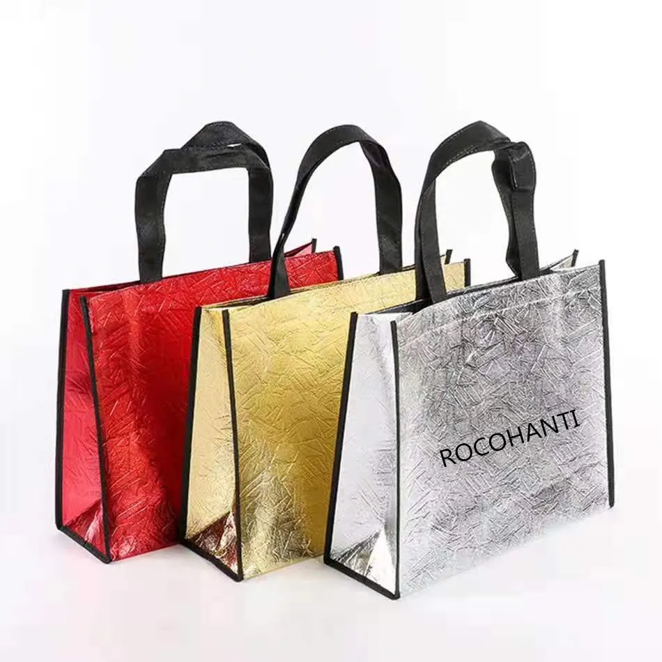 50pcs red bright metallic film lamination non woven bag gift packaging shopping bag glossy surface laser tote bag