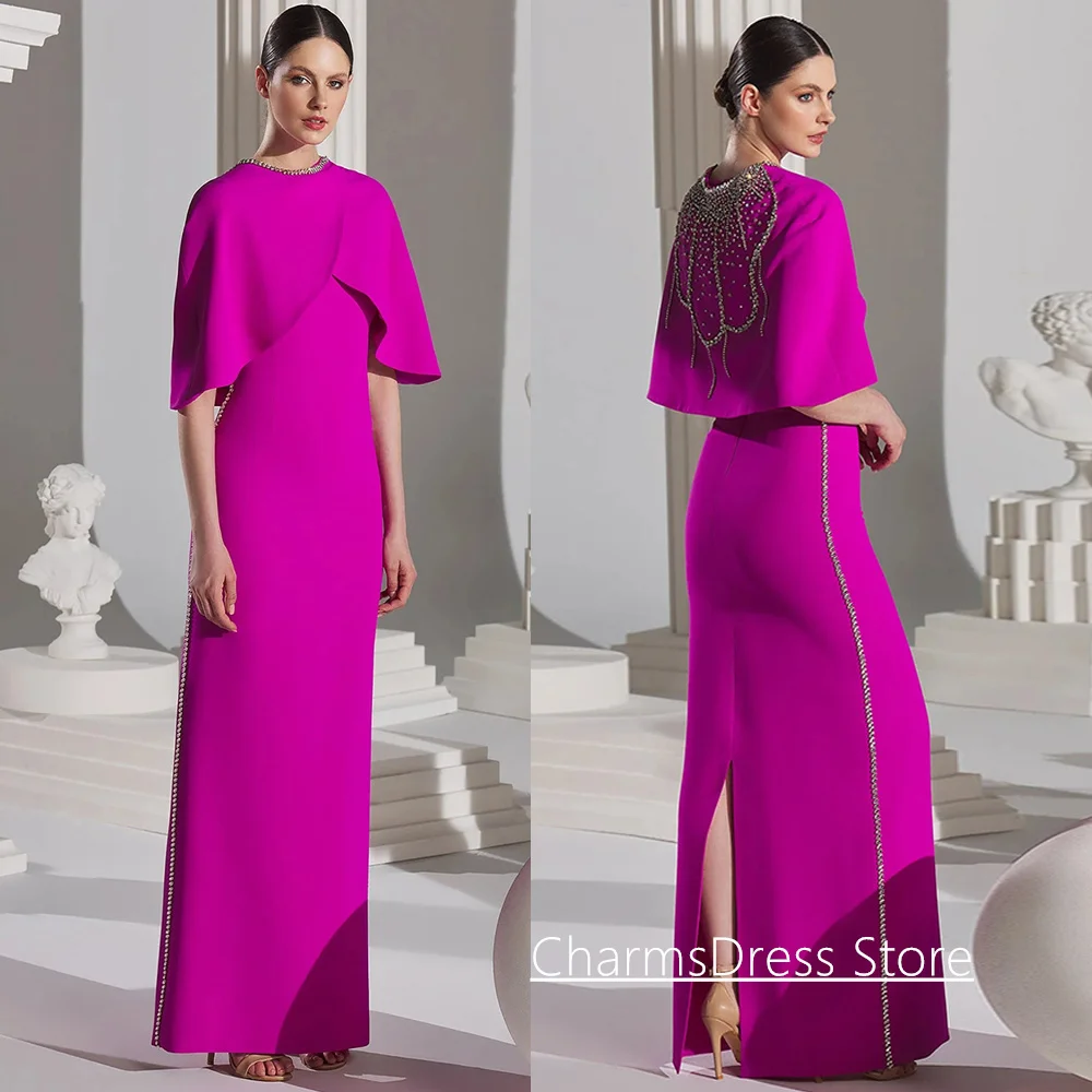 

Lady Arabian Evening Dress Customized Round Neck Beading Crystal Party Gown with Cape Back Slit Saudi Prom Dresses