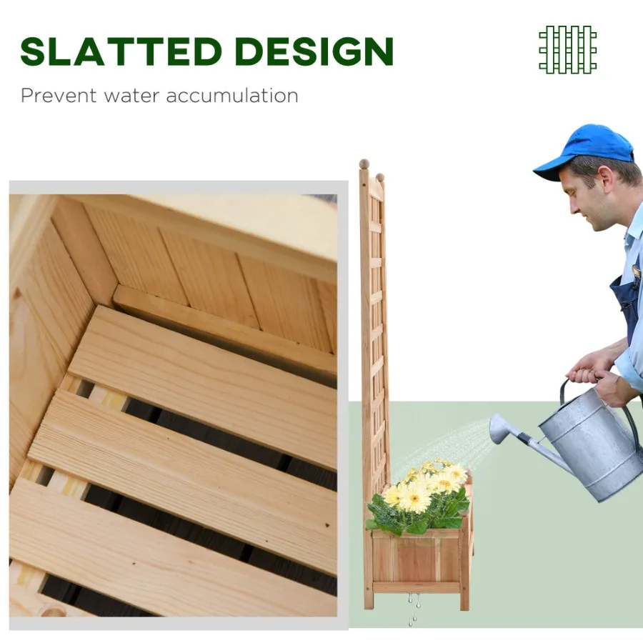 

Wooden Raised Garden Bed with Trellis Outdoor Planter Box with Drainage Crevices for Climbing Vine Plants Flowers 24 x 12 x 49