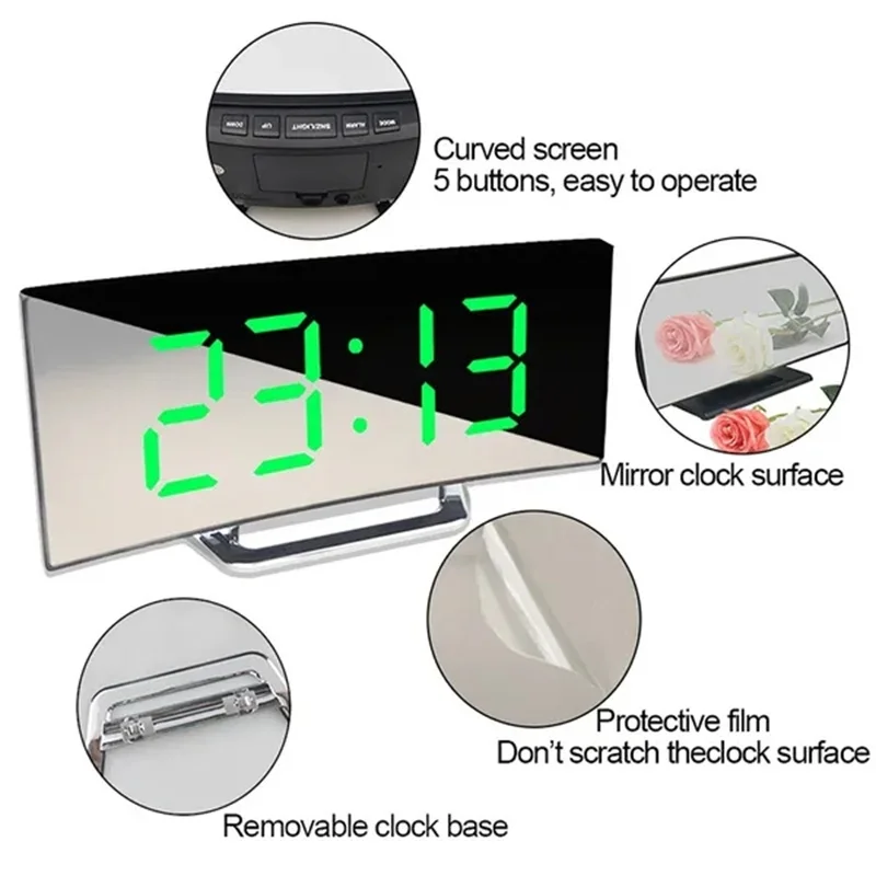 Led Alarm Clock Mirror Curved Screen Digital Alarm Clock With Sleep Temperature For Students Bedroom Living Room Office School