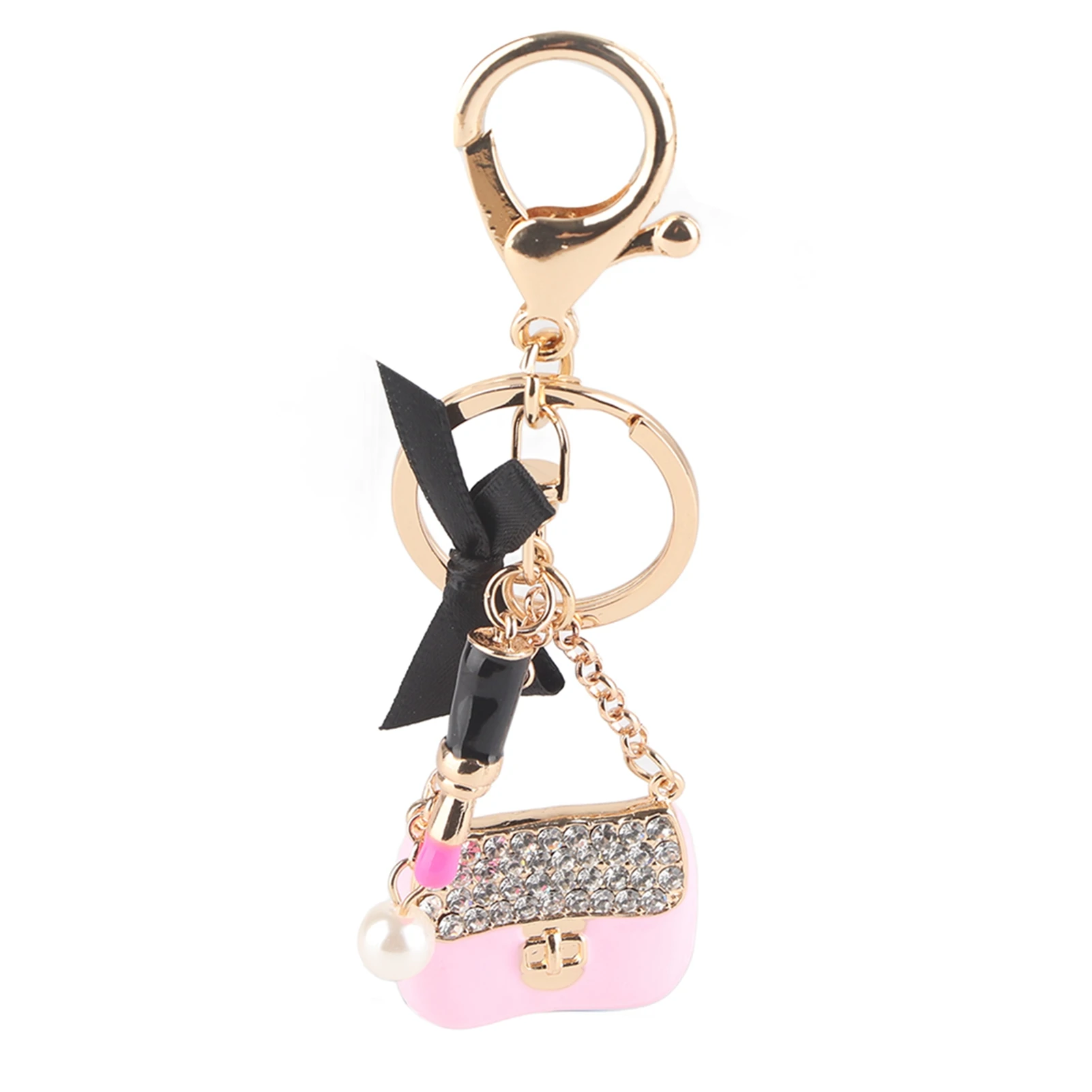 Women Alloy Rhinestone Keychain Exquisite Cute Bow Handbag Lipstick Shaped Pendant Key Ring Decoration Pink