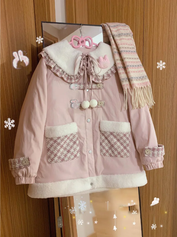 

Japanese Pink Kawaii Lolita Style Women Parkas Sweet Peter Pan Collar Cartoon Rabbit Casual Coat Girls Y2k Aesthetic Warm