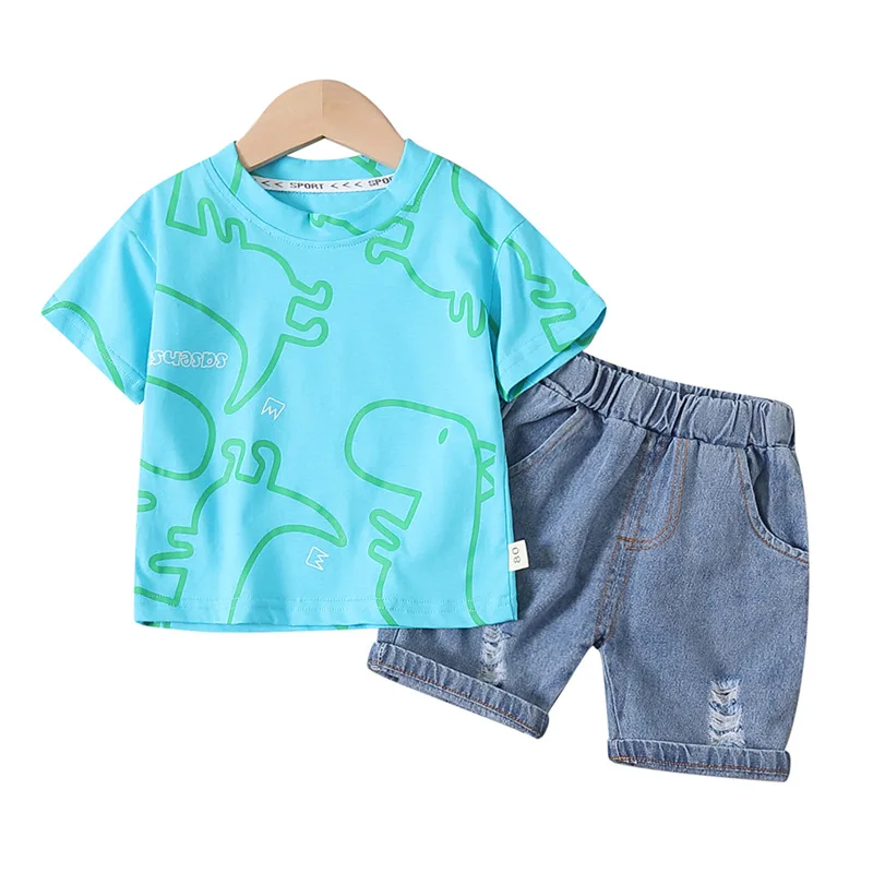 Boys Clothes Summer Fashion Crew Neck Children Tracksuit Dinosaur T-shirt Denim Shorts Suit Kids Outfit Baby Boys Set 1-5 Years