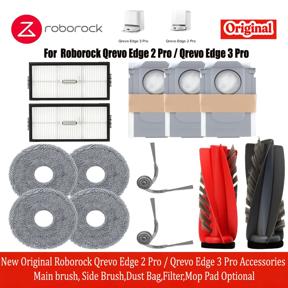 Nieuwe, originele accessoires voor de Roborock Qrevo Edge 2 Pro / Qrevo Edge 3 Pro: hoofdborstel, zijborstel, stofzak, filter, optionele dweilpad.