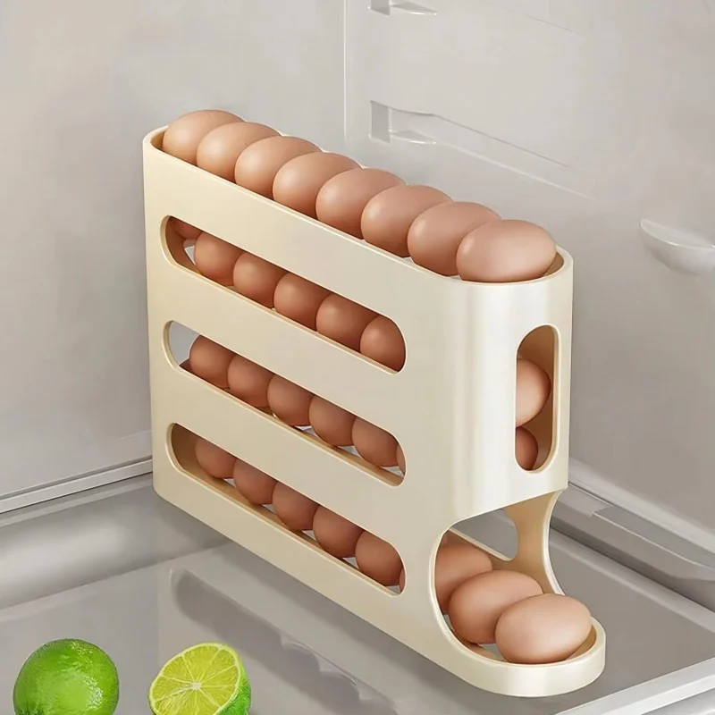 Automatic Rolling Egg Dispenser Organizer For Refrigerator, 4-Tier Space-Saving Egg Holder Tray, Holds 30Eggs, Durable Plastic