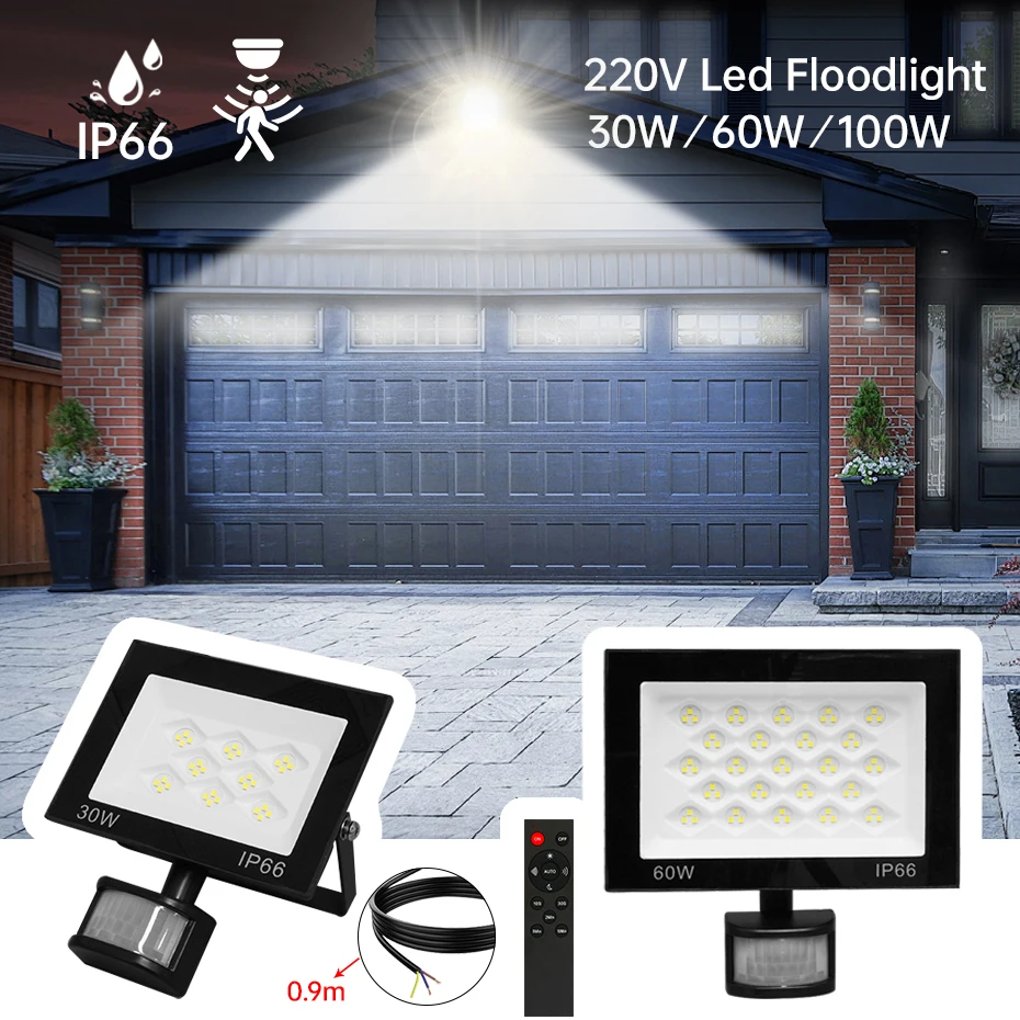 

Уличный водонепроницаемый светодиодный прожектор с датчиком движения PIR, AC220V, 30W/60W/100W, 6500K, IP66, с ИК-пультом дистанционного управления