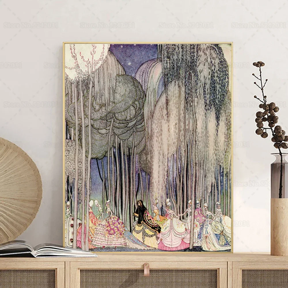Kay Nielsen de las doce princesas bailando de polvo y crinolina, pintura en lienzo, decoración artística de pared famosa estética