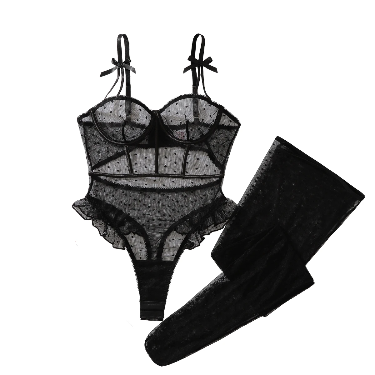 MUZISKAT 2026 Sweet Butterfly Knot Decoration Perspective Wave Point Mesh Body Shaping Sexy Charm jumpsuit with Stockings