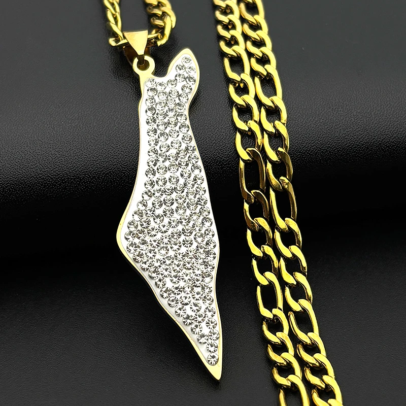 Full Rhinestones Israel Map Country Pendant Necklace for Women Men Stainless Steel Gold Color Magen Jewish Chain Jewelry Gift
