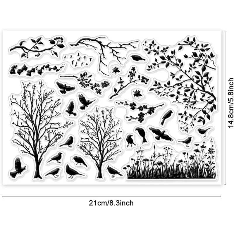 1szt Bird Branch Silhouette Clear Stamps Birds Trees Clear Rubber Stamps Silicone for DIY Scrapbooking Photo Album 6.3x4.33inch