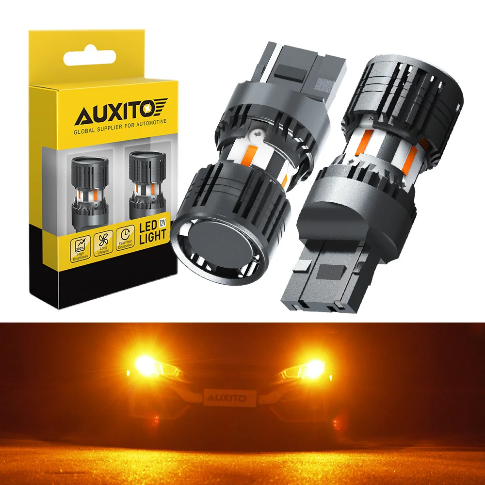 AUXITO 2Pcs 7440 7440NA W21W T20 LED Turn Signal Light Bulbs 2200K Amber Yellow WY21W LED Indicator Lamp With A Fan 12V