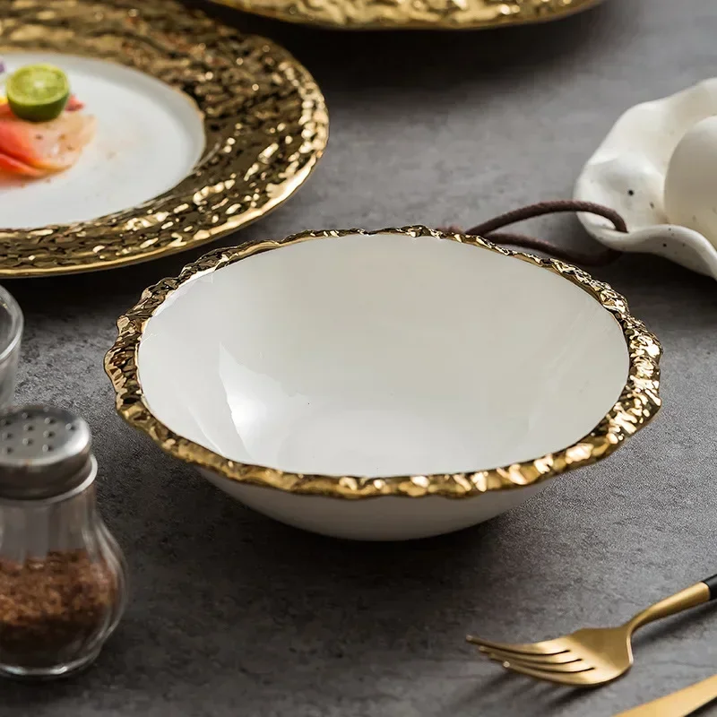 Wide Gold Edged Stone Patterned Ceramic Western Dish Plate, Soup Bowl, Sushi, Dessert Plate, Featured Hotel Circular Dish