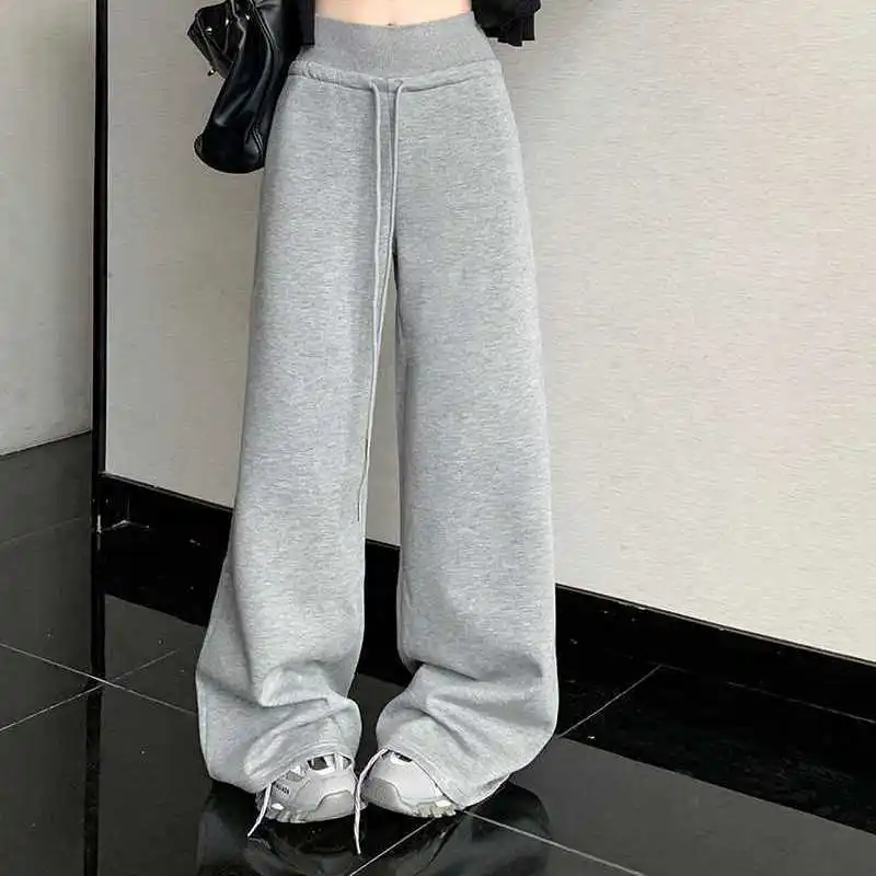 Trendy Grey Floor Length Sweatpants Women 2026 Fall High Waisted Slouchy Loose Drape Straight Leg Drawstring Casual Pants