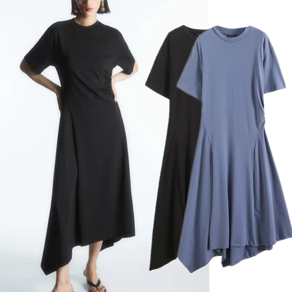 

Maxdutti French Retro Ladies Commuter Midi Dress Casual Solid Color For Summer Round Neck Asymmetric Dress Women Cotton Slim