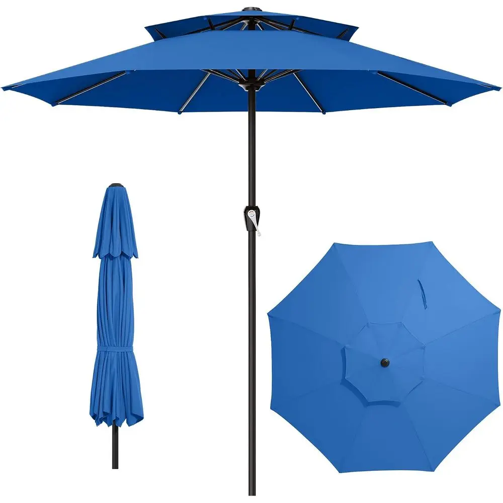 

12t 2 Tiers Patio Umbrella - Outdoor Umbrella Waterproo UV Protection, Market Table Umbrella w/ 8 Sturdy Ribs&Crank or Pool, Por