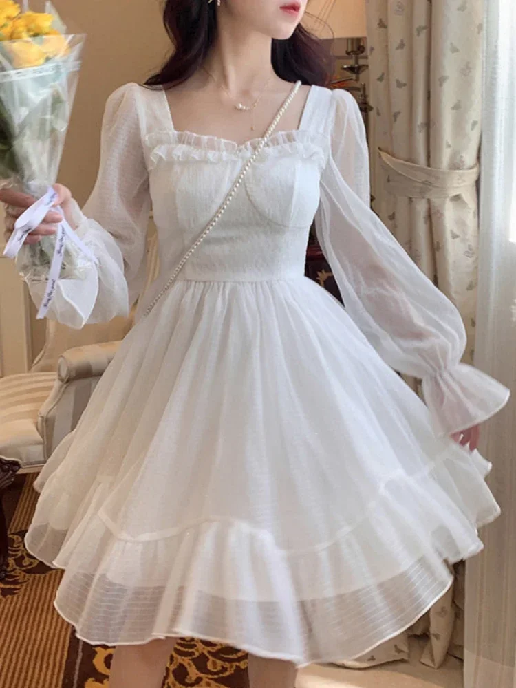 

White Kawaii Dress Women Chiffon Lolita Style Long Sleeve Mini Dresses Bow Fairy Robe Ruffles Patchwork Square Collar