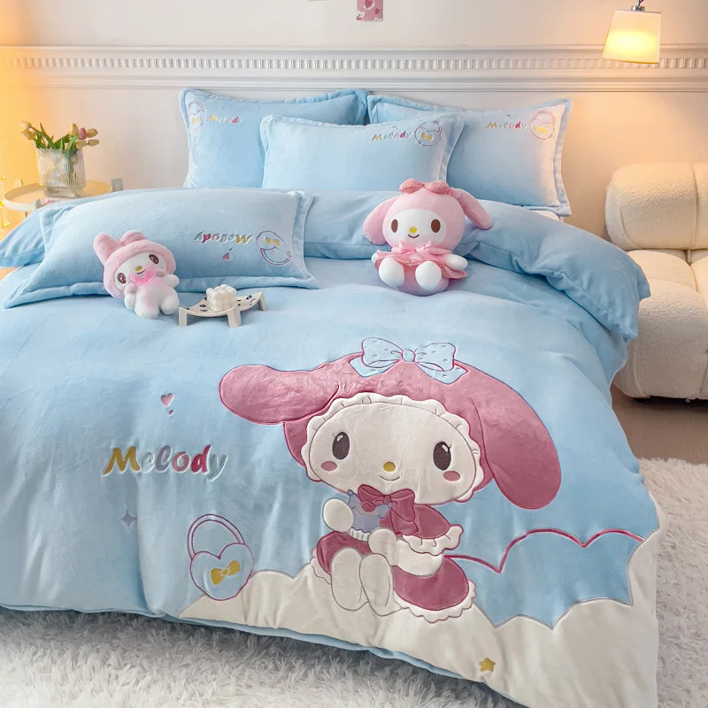 Kawaii Sanrio Sheet Set Mymelody Cinnamoroll Winter Velvet Cartoon Embroidery Thick Double Sided Velvet Cute Warm Four Piece Set