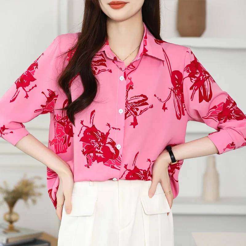 Women Clothing Fashion Rose Print Shirt Spring Summer Casual Loose Long Sleeve Blouses French Chic Elegant All-match Tops