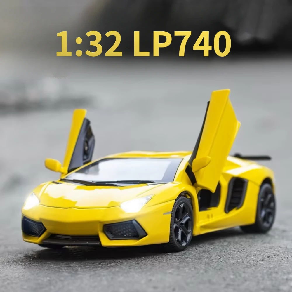 1/32 LP740 Zinc Alloy Sports Car Model Diecasting Toy Metal Body Vehicles with Sound and Light Pull Back Supercar for Boys Gift