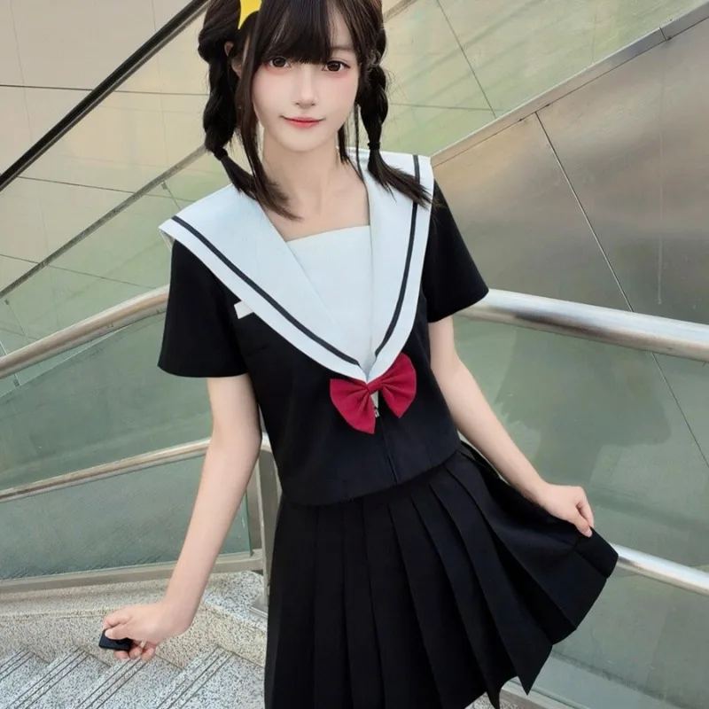 conjunto-de-uniforme-de-marinheira-jk-japones-top-preto-de-manga-curta-saia-plissada-com-gravata-borboleta-fantasia-escolar-para-mulheres