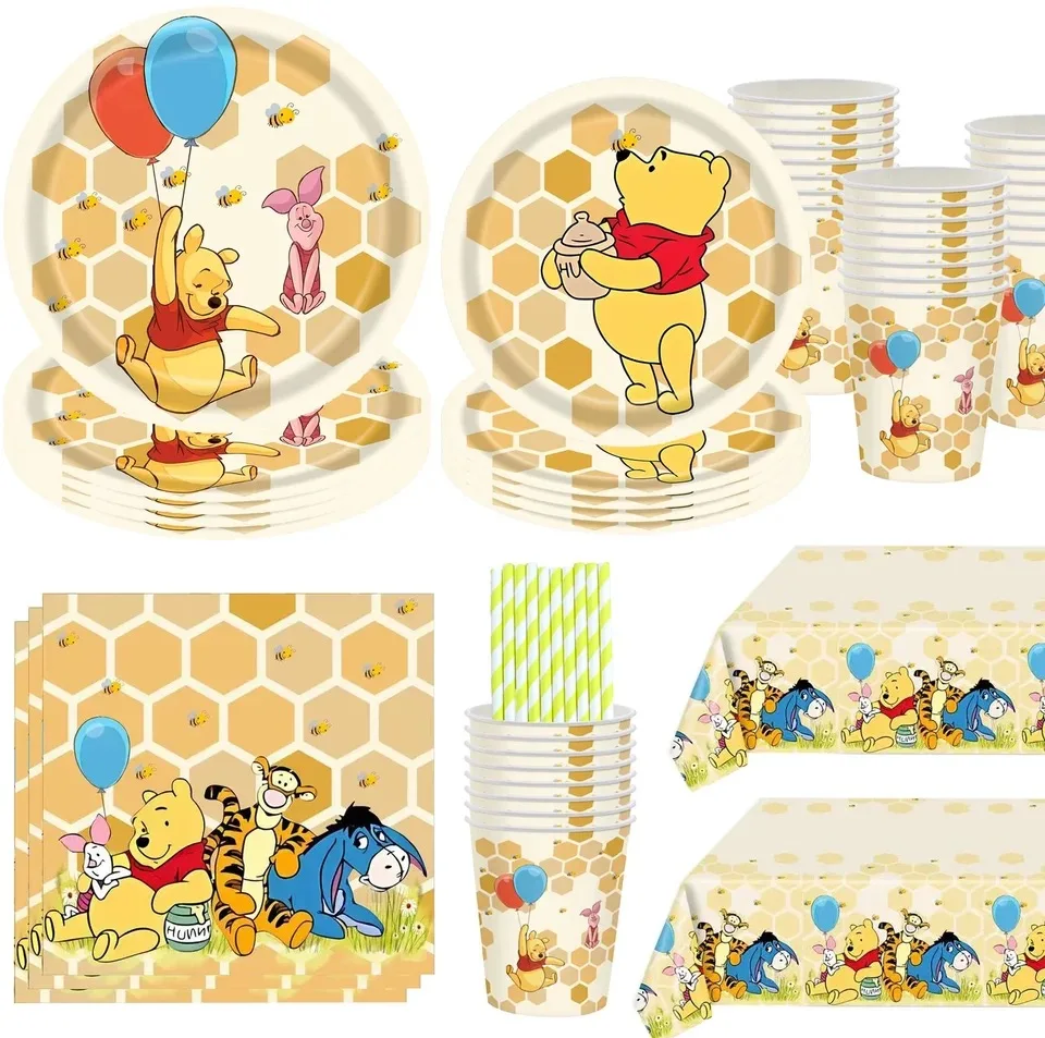 

Disney Winnie Theme Disposable Tableware Paper Napkins Tablecloth Straws Baby Shower Girls Birthday Party Decoration Supplies