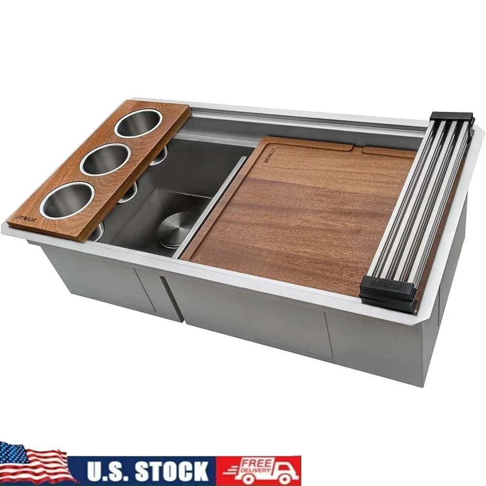 

33 inch Workstation Kitchen Sink Dual Tier Undermount Double Bowl 16 Gauge Stainless Steel with Ledge Accessories and Draining