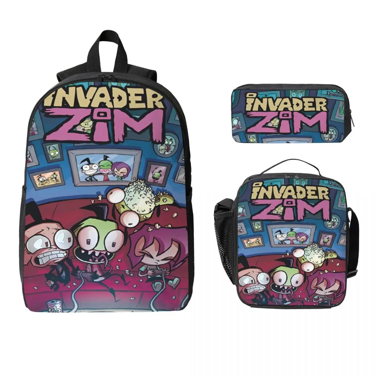 

3 шт., набор рюкзаков в стиле аниме Invader Zim для мальчиков и девочек, пеналы, наборы сумок для книг с ланч-бокс для школьников, рюкзак