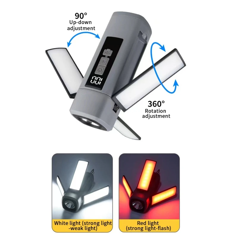 Multifuncional led lanterna de acampamento recarregável emergência ao ar livre luz portátil dobrável acampamento pesca com display digital