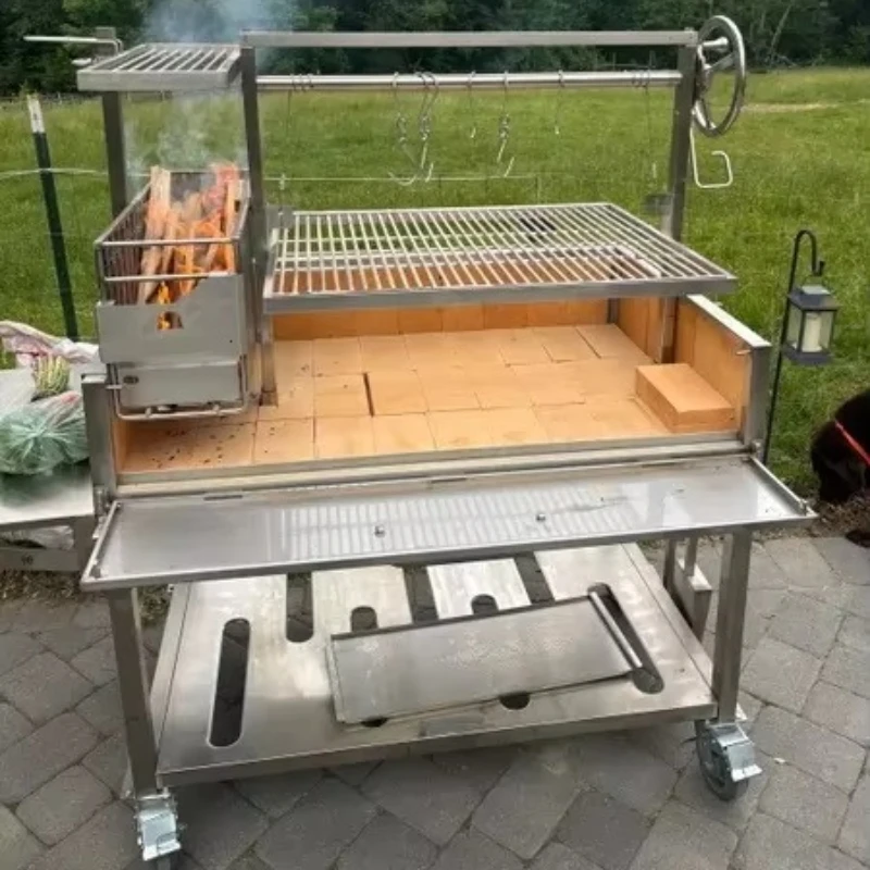 Adjustable cooking grate stainless steel charcoal grill with electronic ignition and trolley