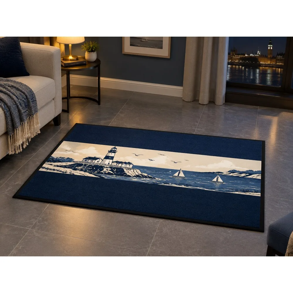 VIKAMA British Navy Cream Lighthouse Coast Flannel Door Mat, Soft Flannel Non-Slip Mat, UK Home Decor for Front Door, Kitchen
