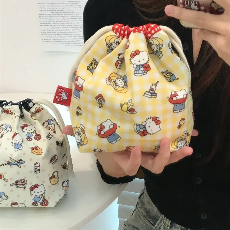

Hello Kitty Cute Cartoon Drawstring High-Capacity Pouch Printed Fabric Cosmetic Organizer for Travel Retro Style Sundries Pouch