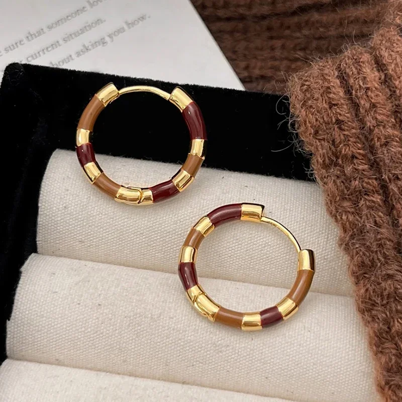 

Real 925 Sterling Silver 18K Gold Vintage Enamel Round Hoop Earrings for Women Minimalist Geometric Fine Jewelry Accessories
