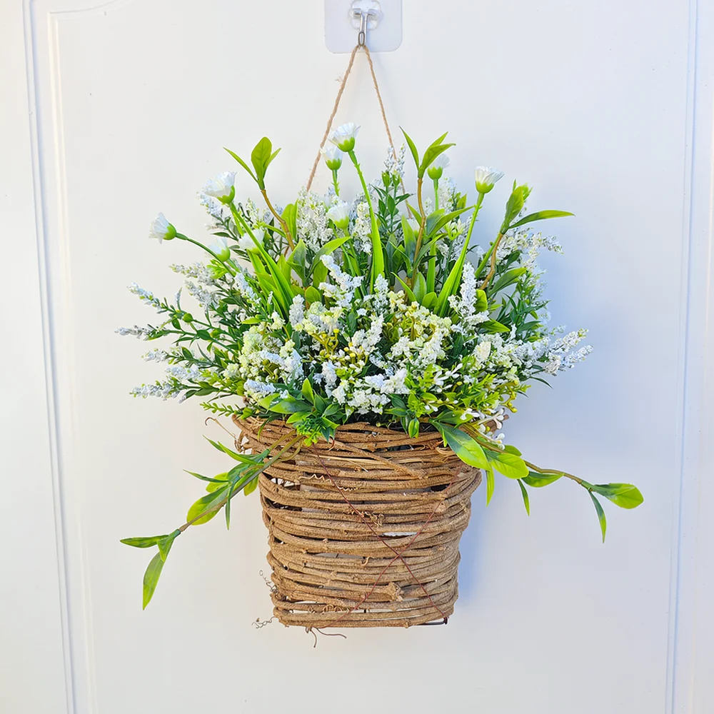 Decorative Artificial Wildflower Wicker Rattan Basket Wreath White Berry Floral Pendant For Home Door Wall Decoration