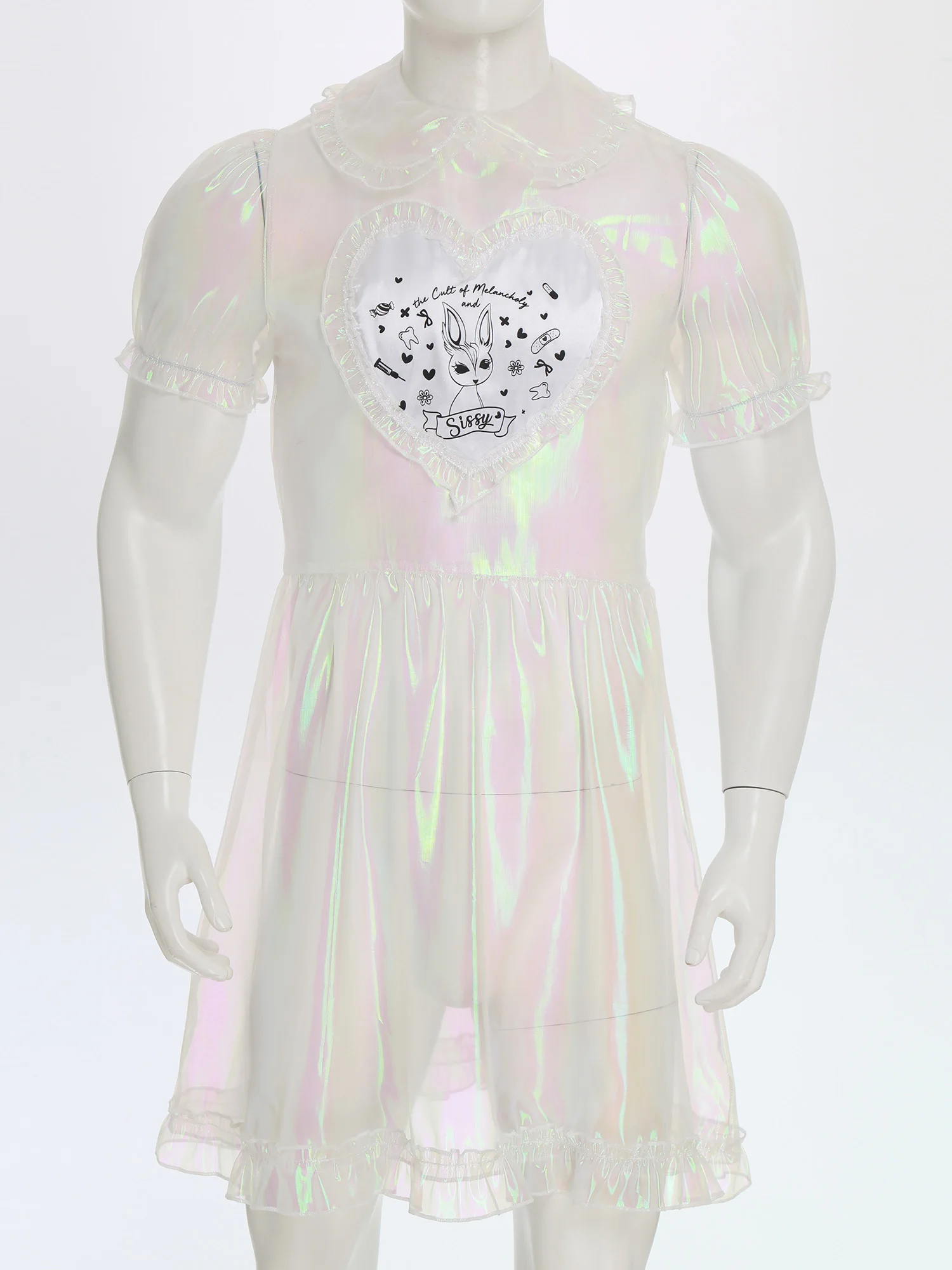Mens ผู้ใหญ่ Organza Sissy Corssdresser ชุดแม่บ้านโปร่งใส Sheer น่ารักพัฟแขน Flare A-Line แม่บ้าน COSPLAY เครื่องแต่งกาย