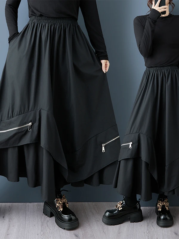 Dark Style Zipper Decorated Half Skirt Elastic Waist Lantern Skirt New 2026 Brand Sanbeihalf Skirt for Women Casual Wear