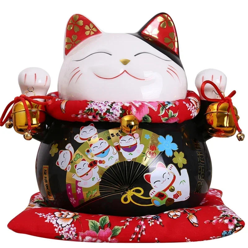 10 inch Black Ceramic Maneki Neko Ornament Lucky Cat Money Box Fortune Cat Figurine Chinese Statue Piggy Bank with Bells images - 6