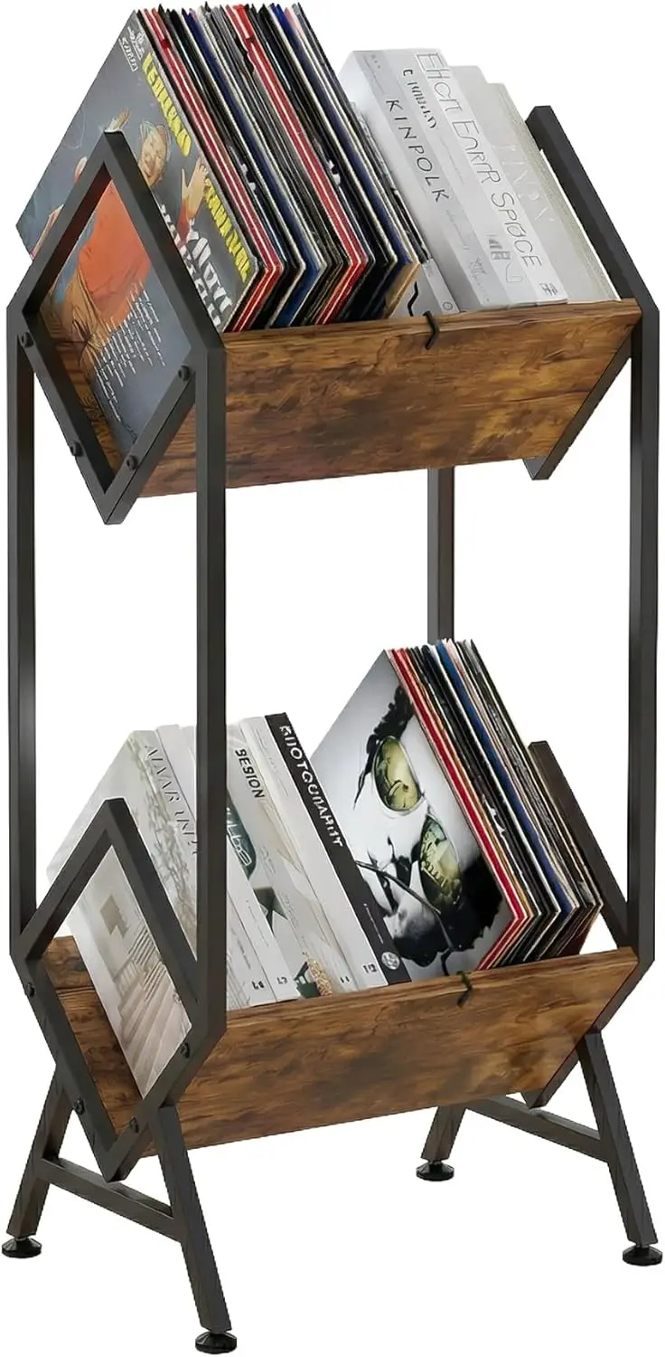 

2-Tier Metal Vinyl Record Storage Shelf, Holds 160-200 LPs, Vintage Design for Albums Books Magazines, Matte Black