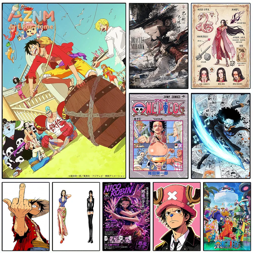 AZNM One Piece Straw Hat Crew Luffy Sanji Robin Mihawk Hancock Brook Chopper Anime Canvas Wall Art Manga Print Unframed Canvas P