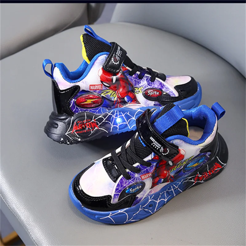 Disney LED Casual Sneakers Red Black For Spring Boys Spiderman Mesh Outdoor Shoes Children Lighted Non-slip Shoes Size 21-30