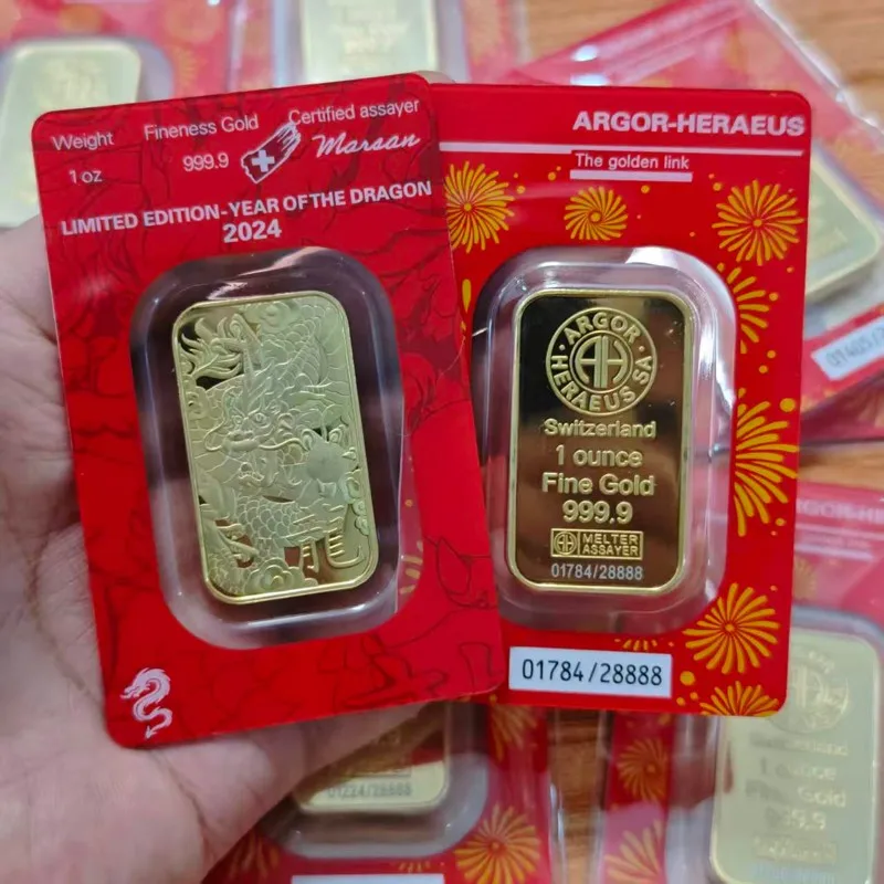 1oz Argor Gold Bar 2024 Dragon Brass Gold Plated Bullion Non Magnetic Seal Packaging Crafts for Collection
