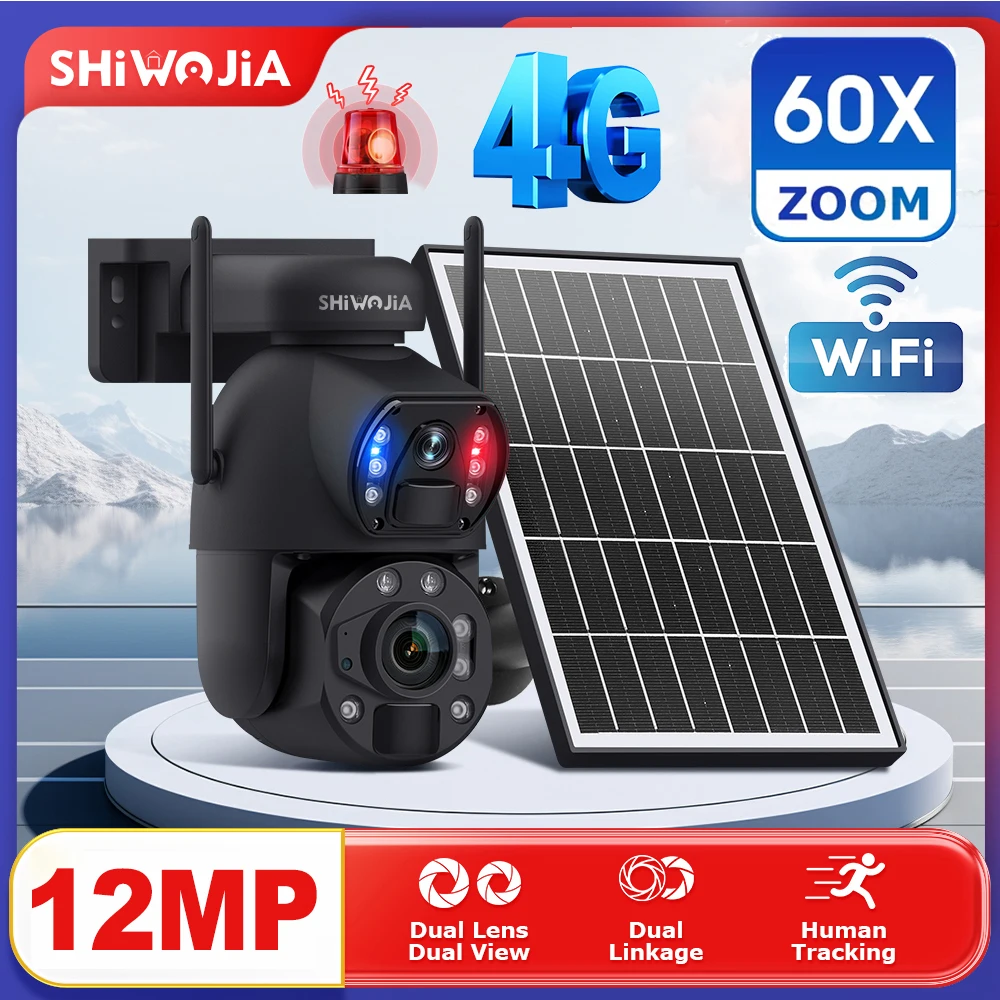 SHIWOJIA 60X ZOOM Solar Powered Camera 4G SIM 12MP 360° WIFI Solar Security Battery Camera Night Vision Dual-Lens Outdoor PIR