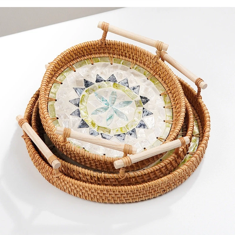 Japanese rattan tray natural seashell splicing two ear snack fruits and vegetables afternoon tea heart