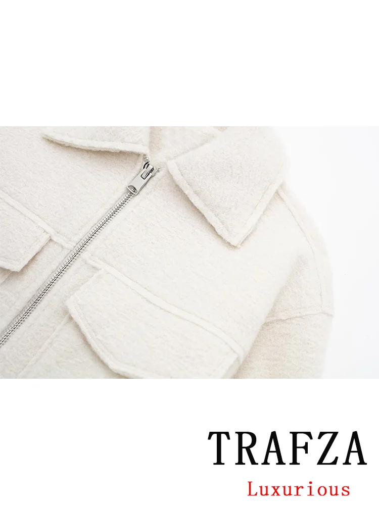 TRAFZA Vintage Casual Chic Solid Women Jackets Turn-down Collar Pockets Zipper Long Sleeve Coats New Fashion 2024 Spring Coats