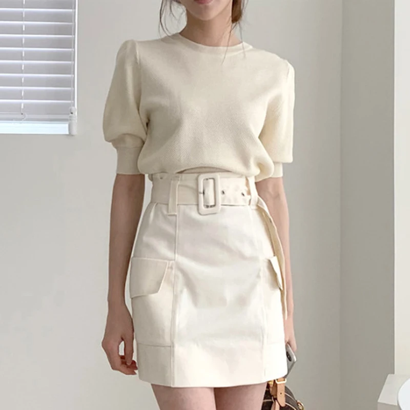 

Chic Ice Silk Bubble Sve Slim Fit Knitted Top with High Waist Straight Skirt Belted Women's Two Piece Set ort Sve