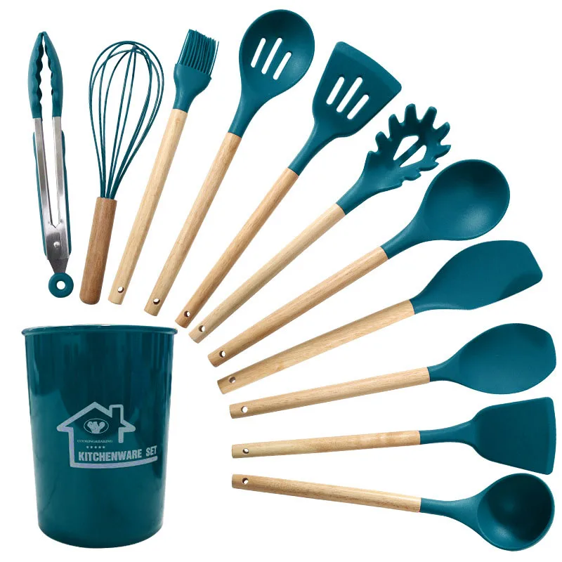 12Pcs/Set Silicone Kitchen Utensils With Storage Wooden Handle Bucket High Temperature Resistant And Non Stick Pot Spatula Spoon