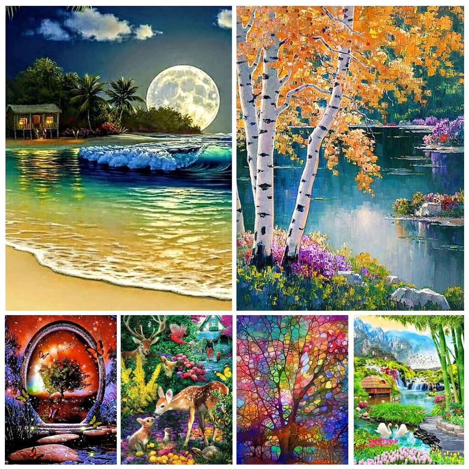 DIY Diamond Painting Landscape Moon Sea Animal Cross Stitch Kit Flower Full Drill Embroidery Mosaic Rhinestone Home Decor G310