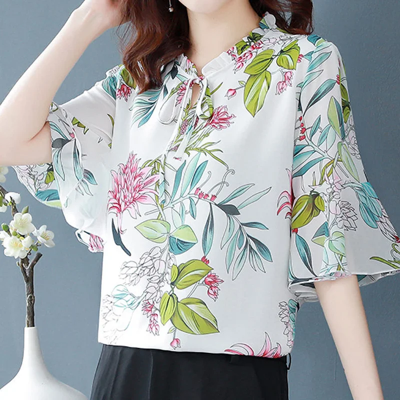 Vintage Chiffon Thin Blouse Summer New Short Sleeve Printing Lacing All-match Plus Size Shirt Tops Elegant Fashion Women Clothes
