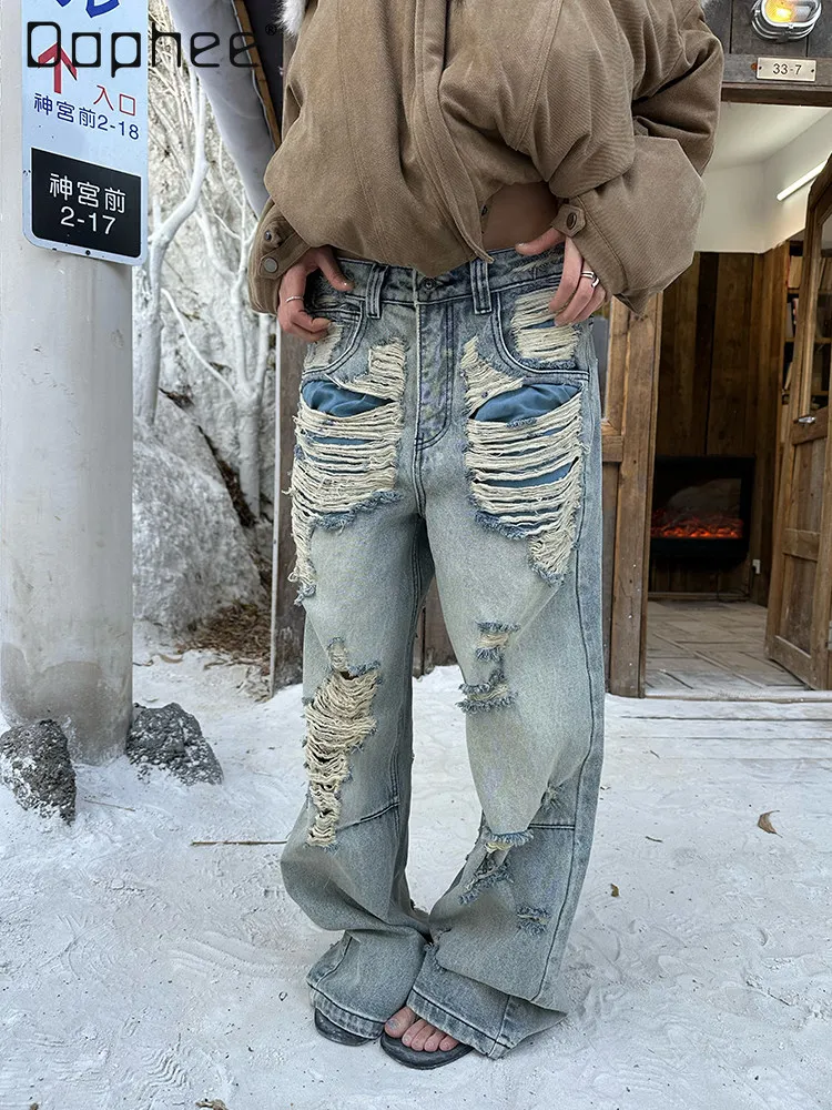 

Американские джинсы унисекс с эффектом потертости и рваными элементами, широкие, свободные, повседневные, универсальные, модные, длинные брюки в уличном стиле, уникальные, трендовые