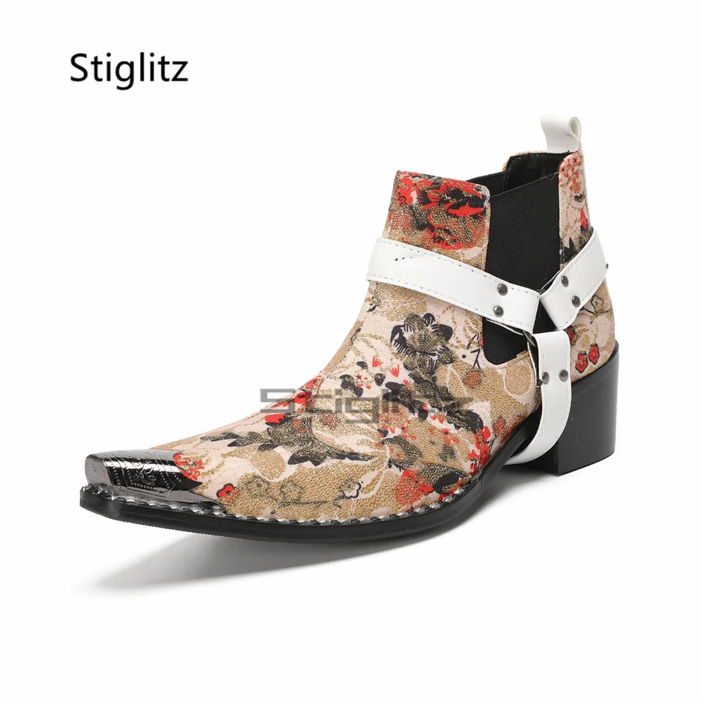 Men's Prints High Heels Chelsea Boots Metal Pointed Toe Genuine Leather Slip On Ankle Boots Stretch Buckle Circle Male Shoes