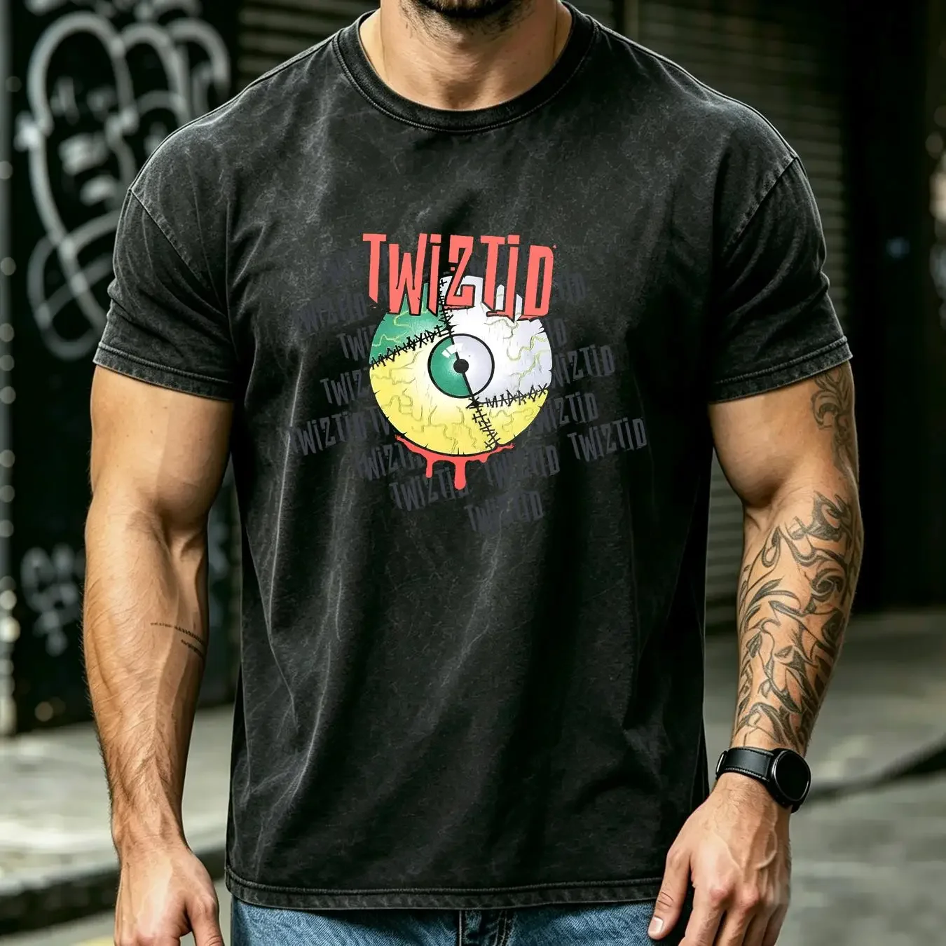 washed T Shirt Vintage Twiztid ICP Music Band Mens Black Red Green Color Eyeball Large vintage Washed Unisex fashion Stylish